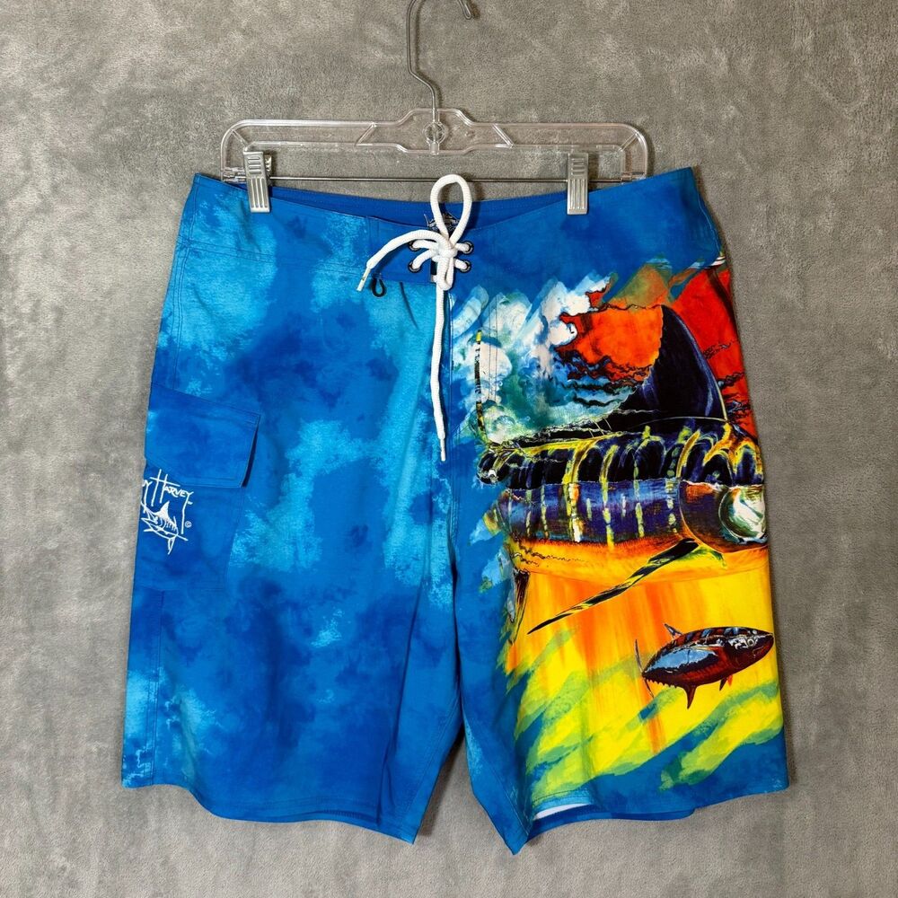 Guy Harvey Swim Shorts Men 34 Blue Fishing Boardshorts Drawstring Colorful